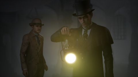 Sherlock Holmes and Watson investigate by the light of a lantern in Sherlock Holmes: The Awakened.